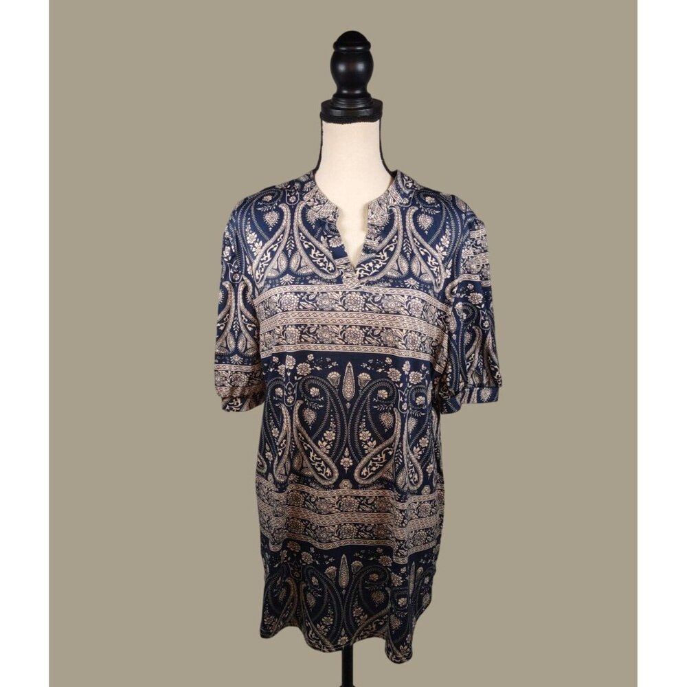 St. Jubileen Woven Cream Paisley Print on a Navy Background Blouse Size XXL NWT